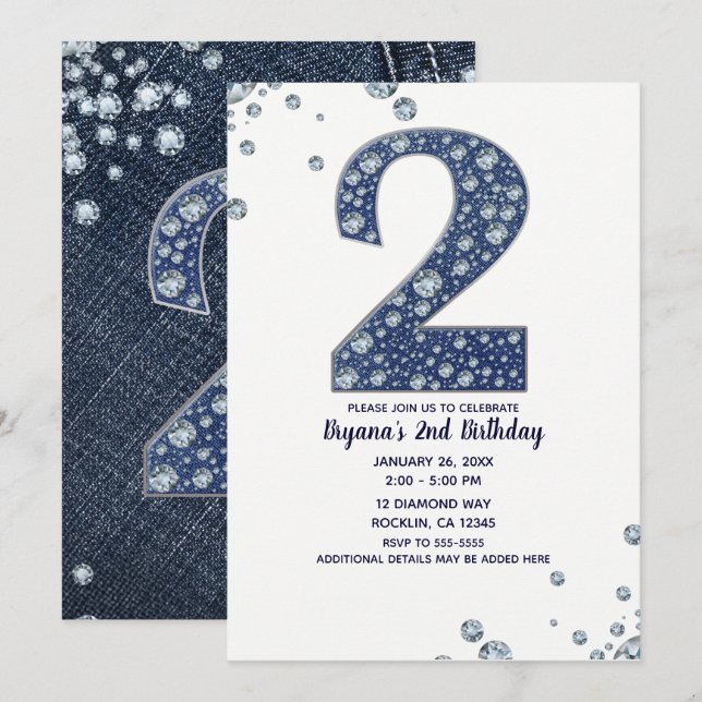 Invitation Denim & Diamonds Bling Sparkle 2ème anniversaire 2 (Devant / Derrière)