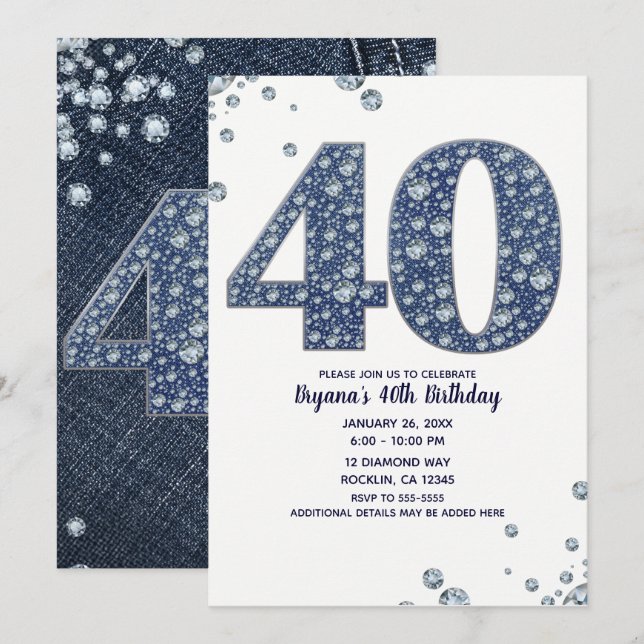 Invitation Denim & Diamonds Bling Sparkle 40E 40 Anniversaire (Devant / Derrière)