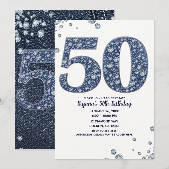 Invitation Denim & Diamonds Bling Sparkle 50E 50 Anniversaire (Devant / Derrière)