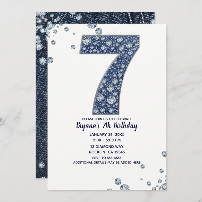 Invitation Denim & Diamonds Bling Sparkle 7e 7 Anniversaire (Devant / Derrière)