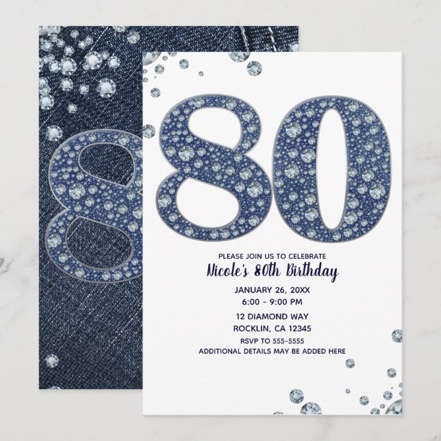 Invitation Denim & Diamonds Bling Sparkle 80ÈME 80 Anniversai (Devant / Derrière)