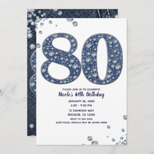 Invitation Denim & Diamonds Bling Sparkle 80ÈME 80 Anniversai
