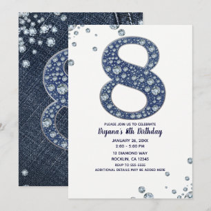 Invitation Denim & Diamonds Bling Sparkle 8ème 8 Anniversaire