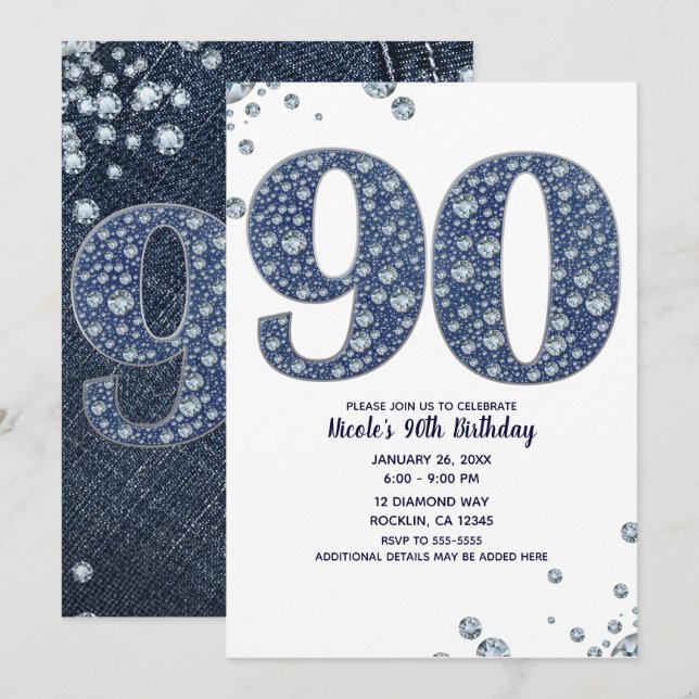 Invitation Denim & Diamonds Bling Sparkle 90ÈME 90 Anniversai (Devant / Derrière)