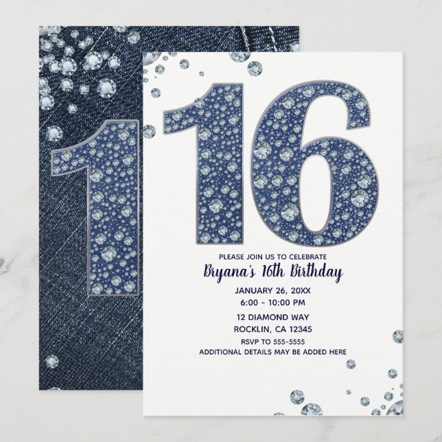 Invitation Denim & Diamonds Bling Sparkle Sweet 16 Anniversai (Devant / Derrière)