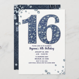 Invitation Denim & Diamonds Bling Sparkle Sweet 16 Anniversai