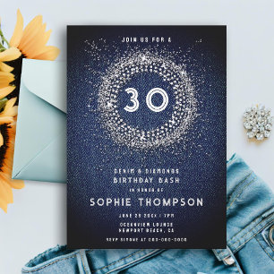 Invitation Denim Diamonds Bling Starburst 30e fête d'annivers