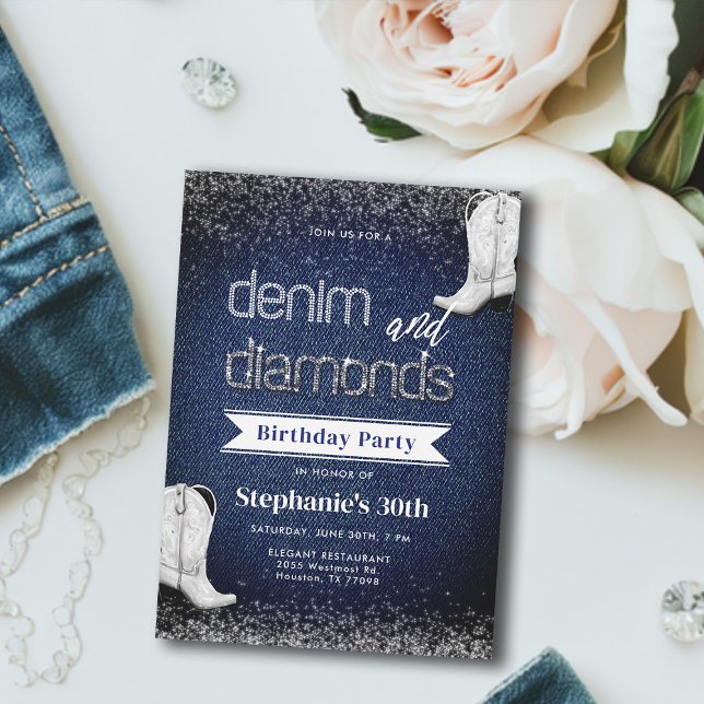 Invitation Denim Diamonds Blue White Boots Chic 30e anniversa (denim and diamonds birthday invitation cowgirl boots white blue elegant classy modern glitz bling)