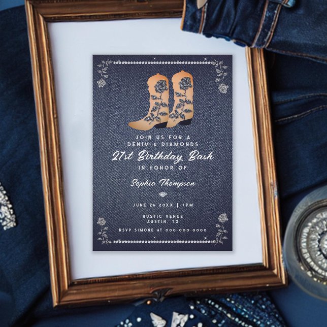 Invitation Denim Diamonds Boots Rose 21e anniversaire (denim diamonds 21st birthday invite for girls rustic cowgirl boots roses rhinestones classy elegant)