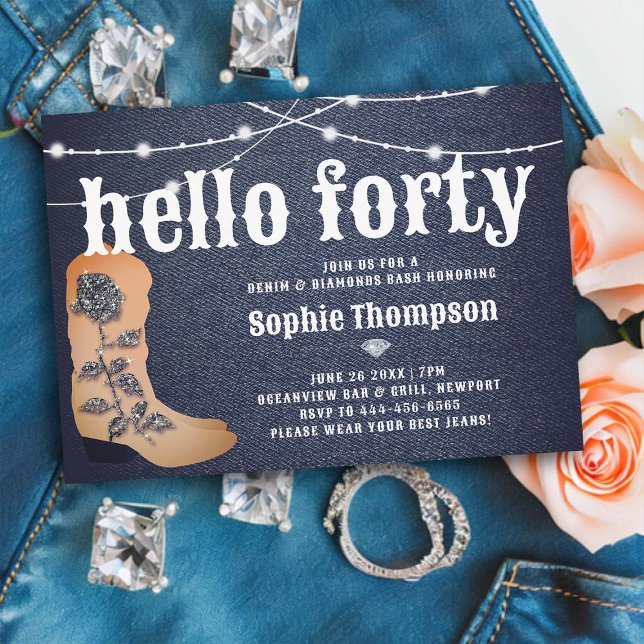 Invitation Denim Diamonds Boots Rose 40e anniversaire (denim and diamonds 40th birthday party invitation women elegant country western cowgirl boot rustic )