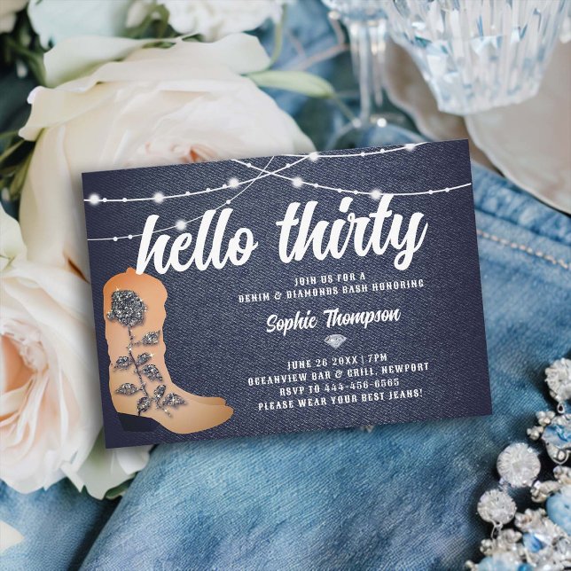 Invitation Denim Diamonds Bottes de fille Script 30e annivers (denim and diamonds 30th birthday women rustic string lights cowgirl boot classy bling script)