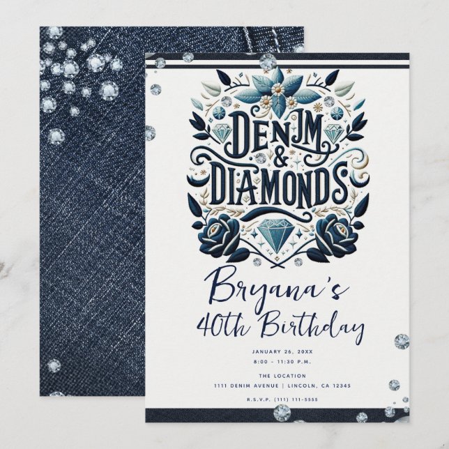 Invitation Denim & Diamonds Brodé Floral Anniversaire fête (Devant / Derrière)