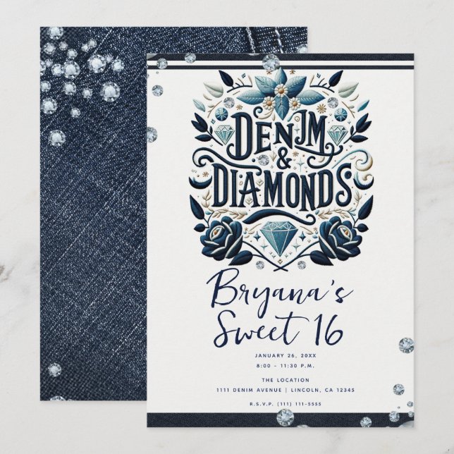 Invitation Denim & Diamonds Brodé Floral Sweet 16 (Devant / Derrière)