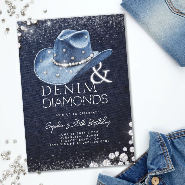Invitation Denim Diamonds Casquette Bling 30e anniversaire (denim and diamonds 30th birthday party invitation blue white cowgirl hat bling sparkles)