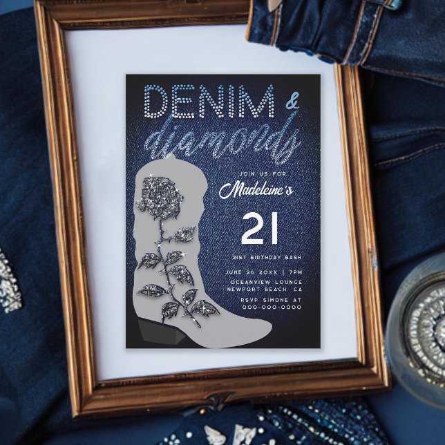 Invitation Denim Diamonds Cowgirl Boot Bling 21e anniversaire (denim and diamonds 21st birthday invite for girls cowgirl boot bling rose classy elegant modern chic)