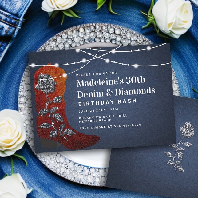 Invitation Denim Diamonds Cowgirl Boot Glam 30e anniversaire (denim and diamonds 30th birthday invitation women elegant classy bling rustic lights cowgirl boot )