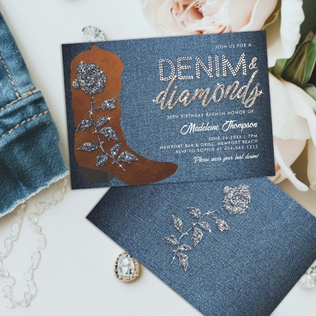 Invitation Denim Diamonds Cowgirl Boot Western 30e anniversai (denim and diamonds theme 30th birthday invitation women country cowgirl boot western blue jeans chic)