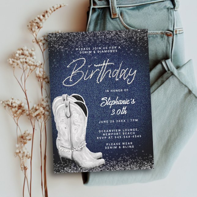 Invitation Denim Diamonds Cowgirl Boots Bling 30e anniversair (denim and diamonds 30th birthday invitation women cowgirl boots country western party elegant classy)