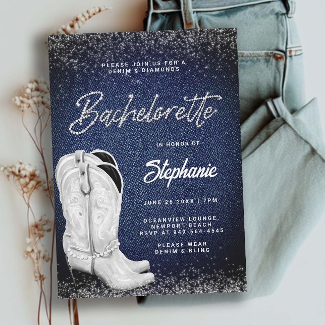 Invitation Denim Diamonds Cowgirl Boots Bling Bachelorette (denim and diamonds bachelorette party invitation country ladies night out cowgirl boots classy chic)