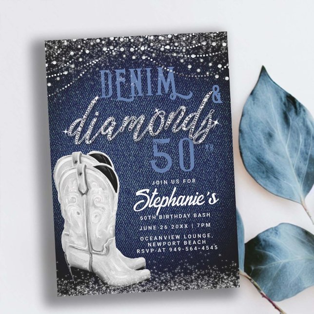 Invitation Denim Diamonds Cowgirl Boots pays 50e anniversaire (denim and diamonds 50th birthday party for women elegant classy stylish country party cowgirl boots)