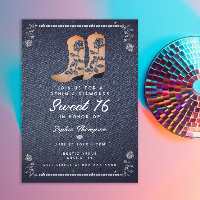 Invitation Denim Diamonds Cowgirl Boots Rose Sweet 16 (denim and diamonds sweet 16 rustic cowgirl boots rhinestones roses frame elegant classy chic girly)