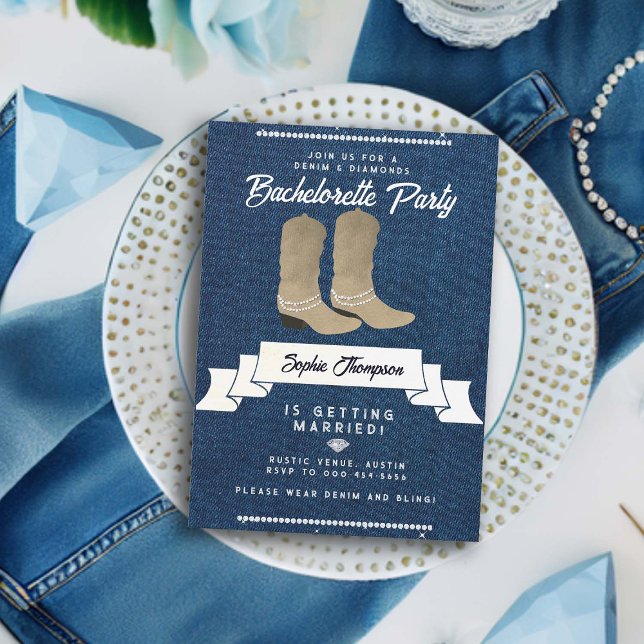 Invitation Denim Diamonds Cowgirl Boots Russe Bachelorette (denim diamonds bachelorette party invitation white cowgirl boots country western rustic classy bling)