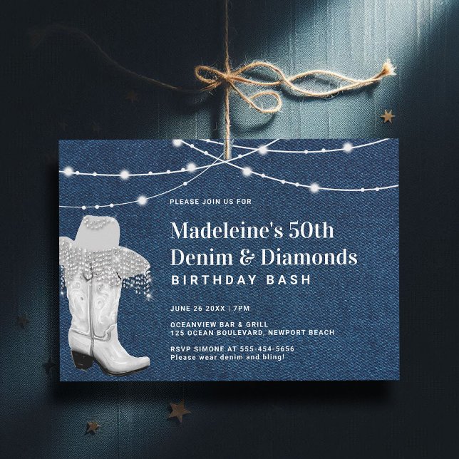 Invitation Denim Diamonds Cowgirl Casquette de démarrage Glam (denim diamonds 50th birthday invitation for women elegant classy rustic glam cowgirl boots hat)