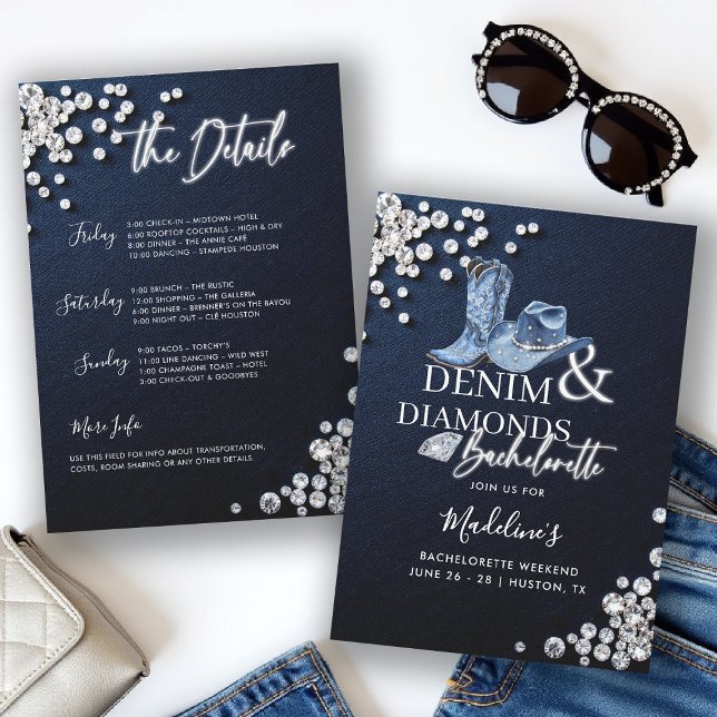 Invitation Denim Diamonds Cowgirl Chic Bachelorette Itinérair (denim diamonds bachelorette party itinerary invitation cowgirl hat boots calligraphy modern classy)