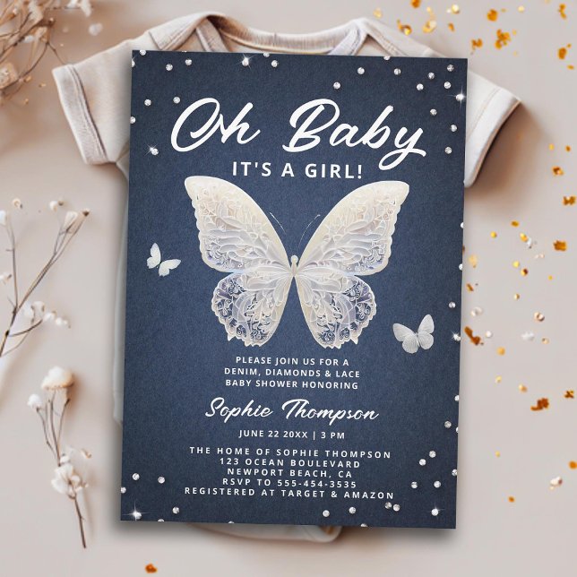 Invitation Denim Diamonds dentelle papillon Oh bébé fille dou (denim diamonds lace baby girl shower invitation rhinestones butterflies elegant modern classy chic)