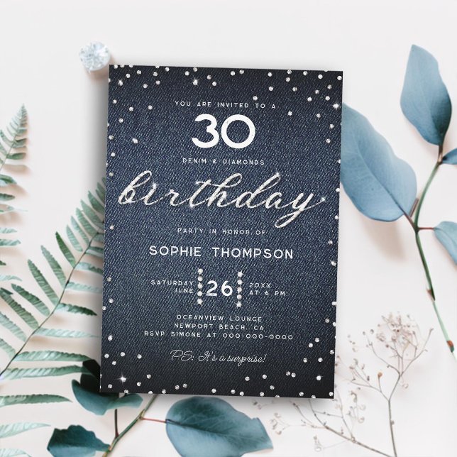Invitation Denim Diamonds Elegant Bling 30e Anniversaire (denim diamonds thirty birthday invitation women elegant rustic modern boho classy bling script)