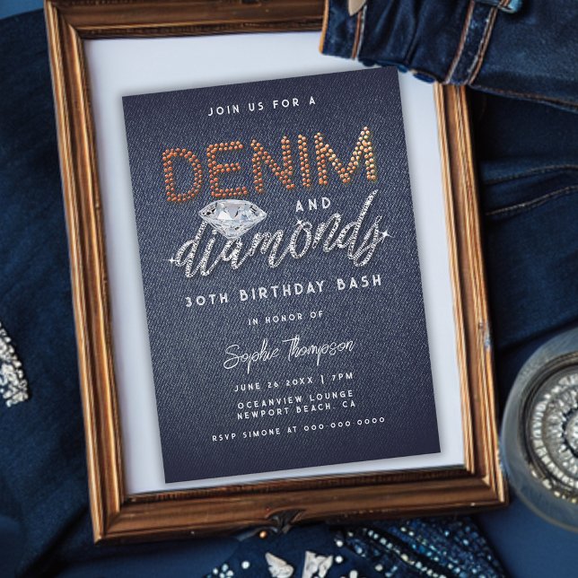Invitation Denim Diamonds en laiton Rhinestones Anniversaire (Elegant Denim and Diamonds 30th Birthday Party Invitation Simple Modern Classy)