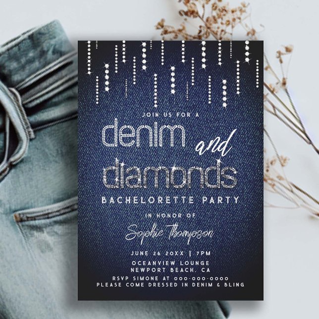 Invitation Denim Diamonds Glam Drift Classy Chic Bachelorette (denim and diamonds bachelorette party glam glitter drippings ladies night out country party classy)