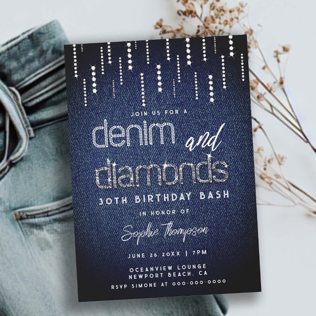 Invitation Denim Diamonds Glam Drip Classy Chic 30e Anniversa (denim and diamonds 30th birthday invitation for women glitter drips elegant classy modern glam chic)