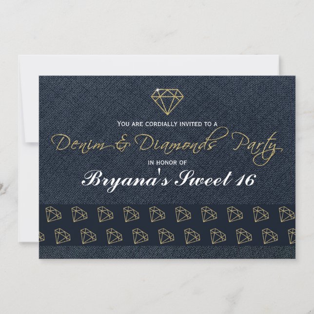 Invitation Denim & Diamonds Gold & Blue Glam Party (Devant)