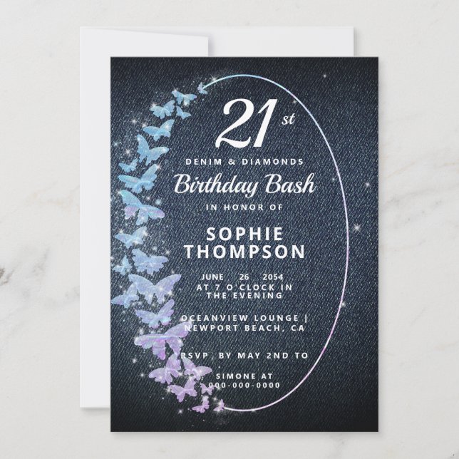 Invitation Denim Diamonds Holo Butterfly Frame anniversaire f (Devant)