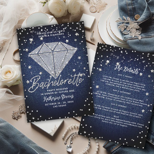 Invitation Dénim Diamonds Itinéraire Bling Bachelorette (denim diamonds bachelorette party itinerary invitation classy stylish white blue jeans elegant chic)