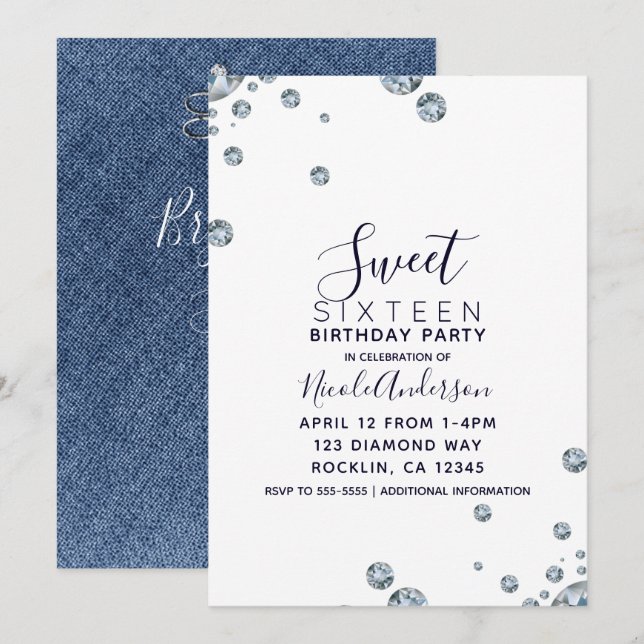 Invitation Denim & Diamonds Jean Anniversaire Sweet 16 Party (Devant / Derrière)