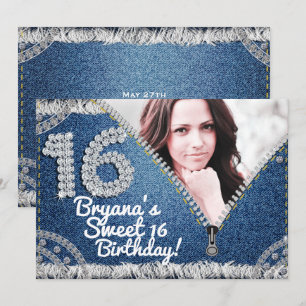 Invitation Denim & Diamonds Jean Zipper Sweet 16 Photo Party