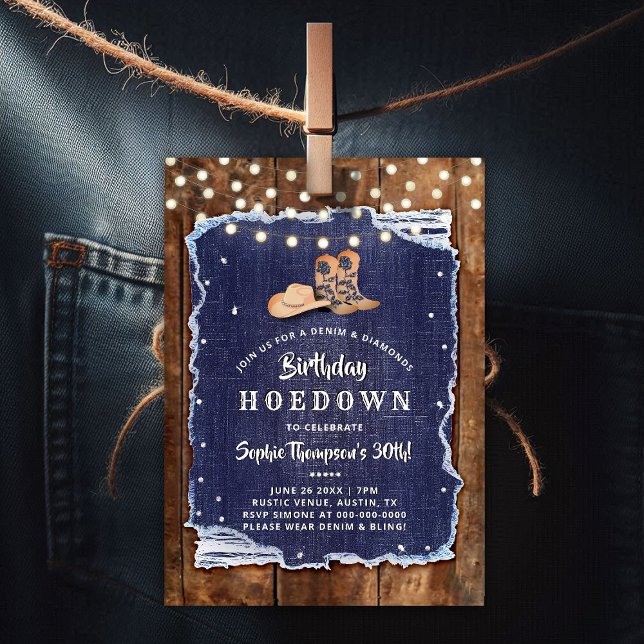Invitation Denim Diamonds Ouest Rustic Hodown Anniversaire (denim diamonds birthday party hoedown invitation rustic wood blue white cowgirl boots hat lights)