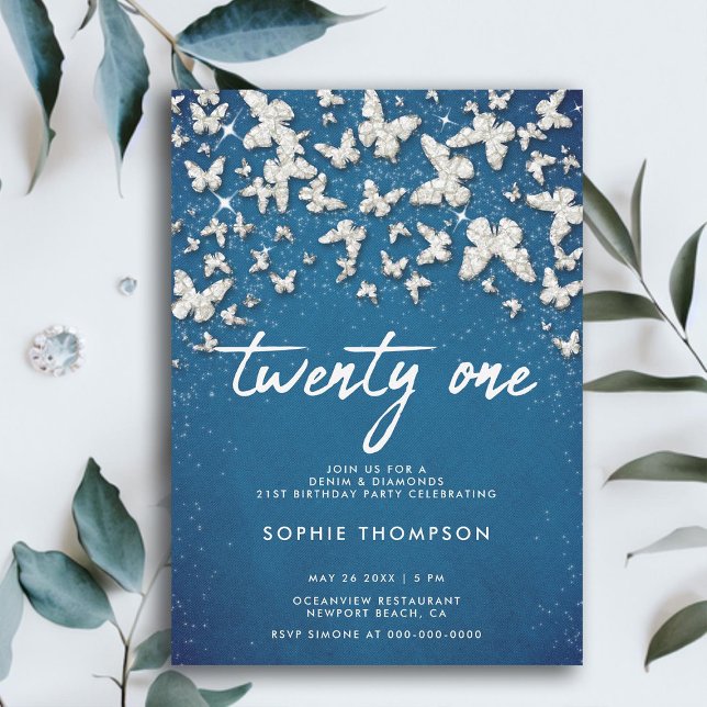 Invitation Denim Diamonds Papillons Parties scintillant Bleu  (denim diamonds 21st birthday butterflies bling white blue elegant modern feminine glitter bling chic)