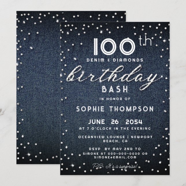 Invitation Denim Diamonds Parties scintillant Moderne 100e fê (Devant / Derrière)