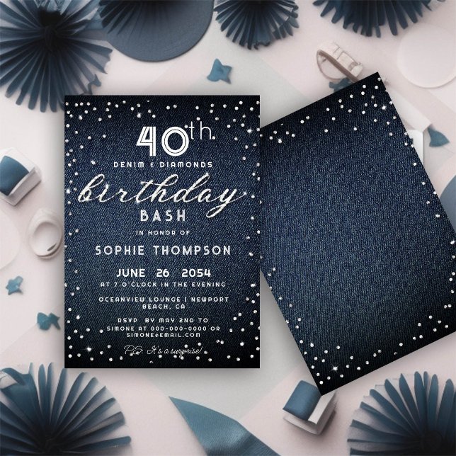Invitation Denim Diamonds Parties scintillant moderne 40e ann (Créateur téléchargé)