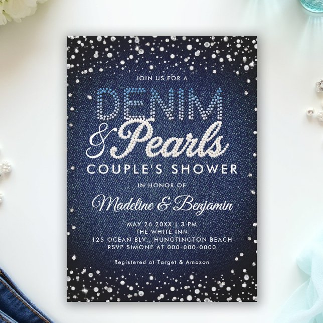 Invitation Denim Diamonds Pearls Blue Modern Couple Douche (denim and pearls couple shower invitation coed jack jill blue white elegant modern classy chic)