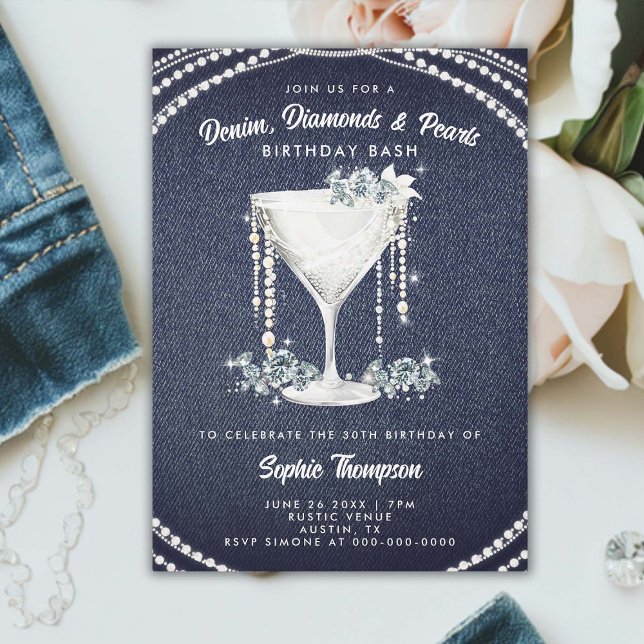 Invitation Denim Diamonds Pearls Champagne Anniversaire (denim diamonds pearls birthday party invitation elegant classy champagne bling glam glitz sparkle)