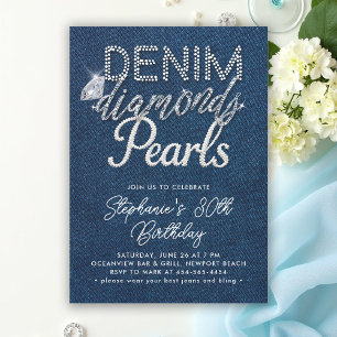 Invitation Denim Diamonds Pearls Chic Type Classic Anniversai