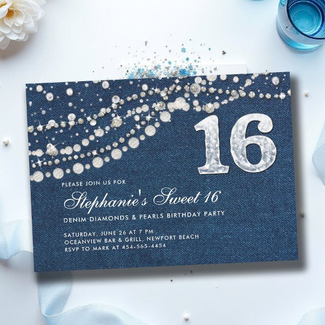 Invitation Denim Diamonds Pearls Élégant Classy Chic Sweet 16 (sweet sixteen invitation 16th birthday denim diamonds and pearls fashion teen girl)