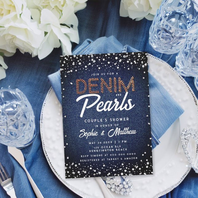 Invitation Denim Diamonds Pearls Moderne Élégante Douche Coup (denim diamonds pearls couple wedding shower invitation blue brown brass elegant classy rustic chic)