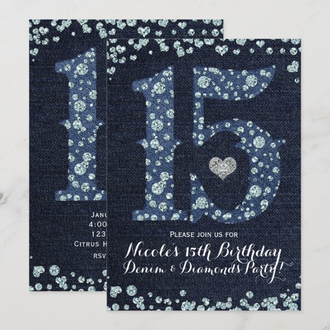Invitation Denim & Diamonds Quinze 15 15e anniversaire (Devant / Derrière)