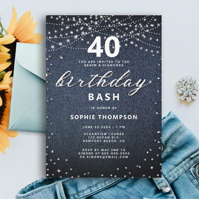 Invitation Denim Diamonds Rustic Lights 40e fête d'anniversai (denim diamonds 40th birthday invitation for women elegant modern rustic lights classy rhinestones)