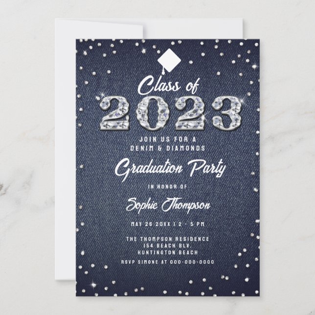 Invitation Denim Diamonds Script Indigo 2023 Graduation Party (Devant)